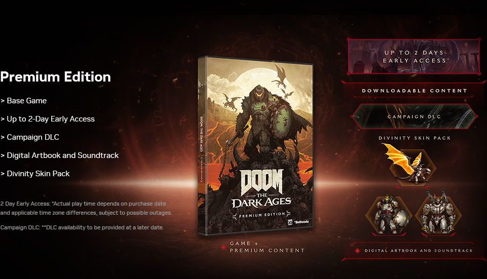 The Premium Edition comes with the base game, up to 2-day early access, campaign DLC, a digital artbook and soundtrack, and a Divinity Skin pack.