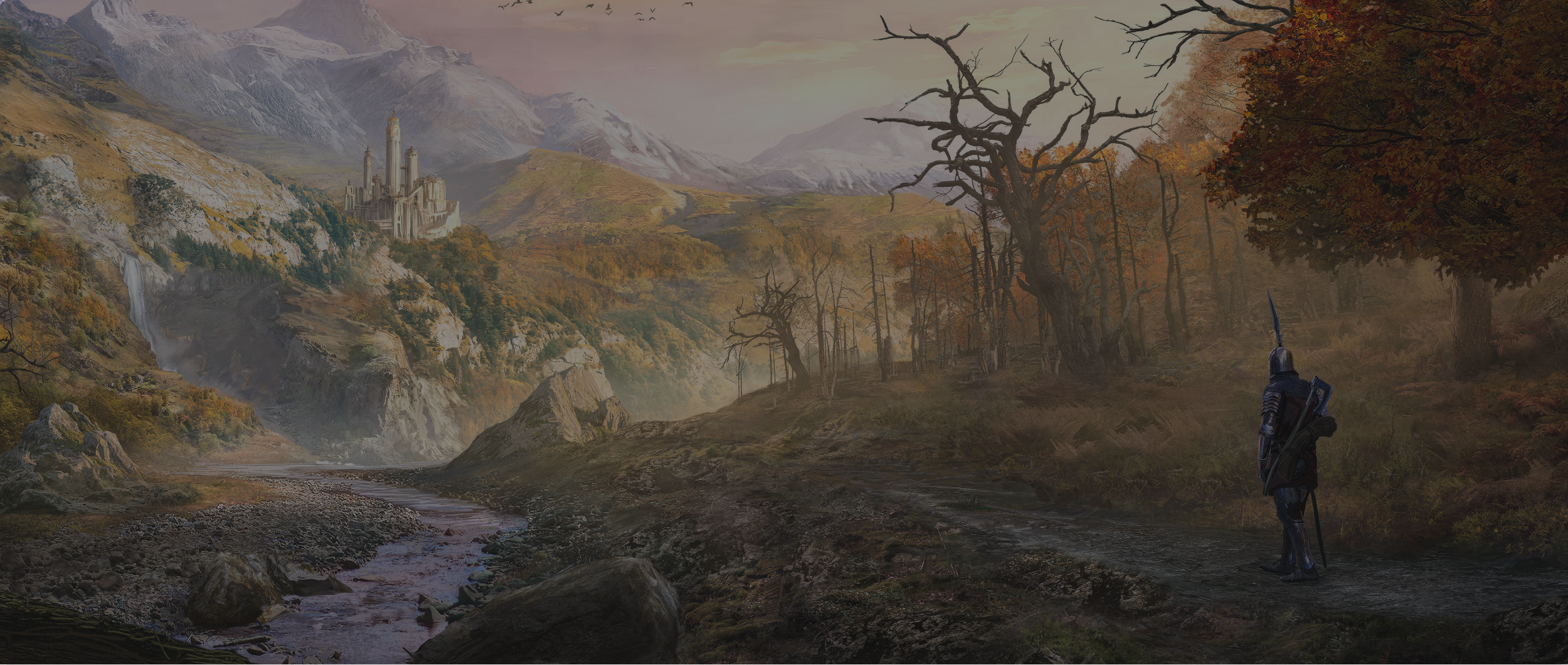 A stunning viewscape of a valley in the Forgotten Realms, with a soldier walking along a path next to a river towards a castle in the distance.