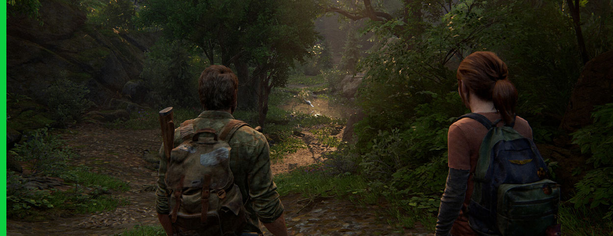 The Last of Us characters Joel and Ellie in a forest, 3rd person perspective