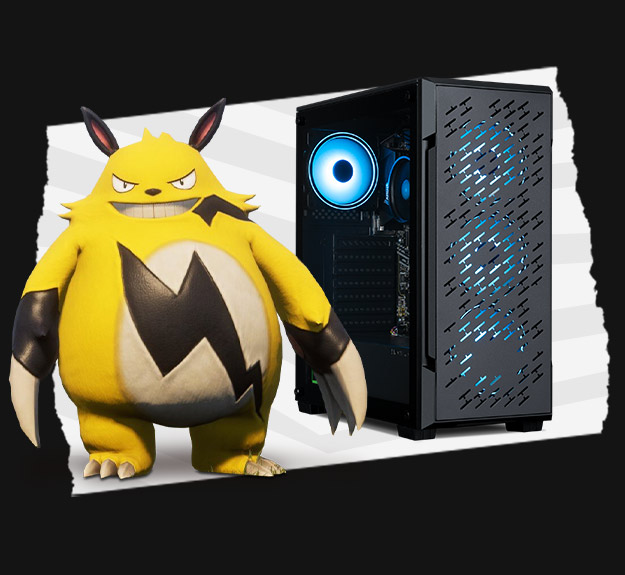 A Palworld character stood next to a black mid-tower gaming PC.